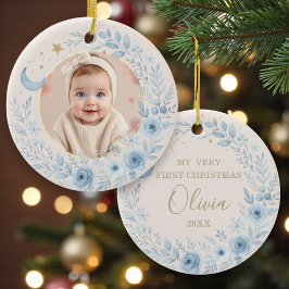 Ornamento De Cerâmica Celestial Blue Baby First Christmas Photo