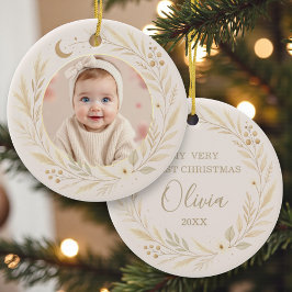 Ornamento De Cerâmica Celestial Boho Baby First Christmas Photo