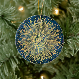 Ornamento De Cerâmica Celestial Sun Mandala Blue Dourado Confetti