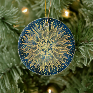 Ornamento De Cerâmica Celestial Sun Mandala Blue Dourado Confetti