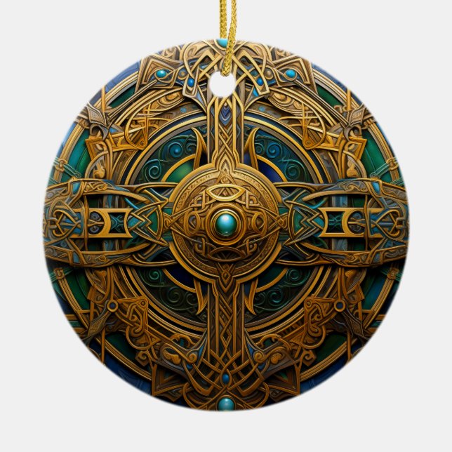 Ornamento De Cerâmica Célula Nó Verde Dourado (Frente)