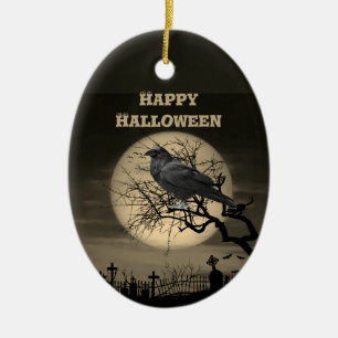 Ornamento De Cerâmica Cemitério da Lua Cheia Escura e Corvo Halloween
