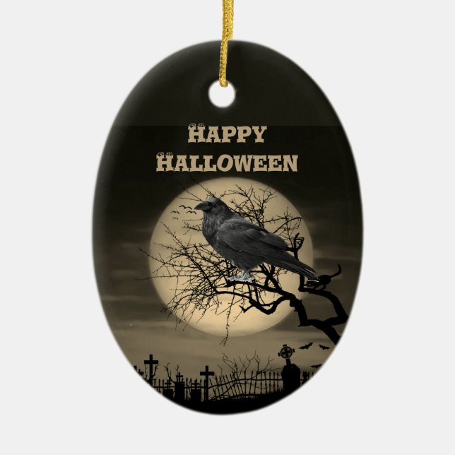 Ornamento De Cerâmica Cemitério da Lua Cheia Escura e Corvo Halloween (Frente)