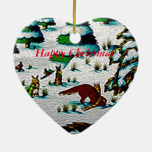 Ornamento De Cerâmica cena bonito da neve da raposa e do Natal dos