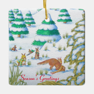 Ornamento De Cerâmica cena bonito da neve da raposa e do Natal dos