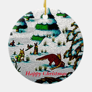 Ornamento De Cerâmica cena bonito da neve da raposa e do Natal dos