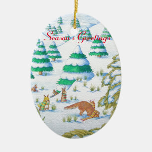 Ornamento De Cerâmica cena bonito da neve da raposa e do Natal dos
