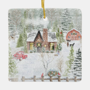 Ornamento De Cerâmica Cena de Cabine de Natal no Inverno Nevado