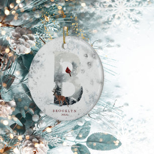 Ornamento De Cerâmica Cena de Inverno de Natal Clássico com Neve Monogra