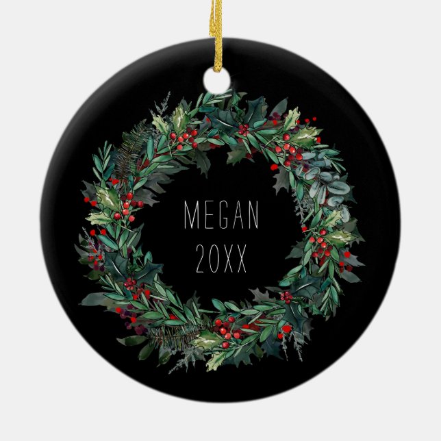 Ornamento De Cerâmica Cena de inverno personalizada com a arte do lobo (Traseira)