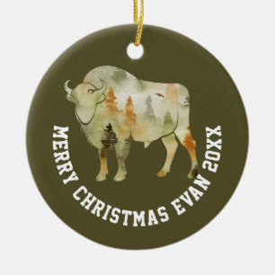 Ornamento De Cerâmica Cena de inverno personalizada com Buffalo
