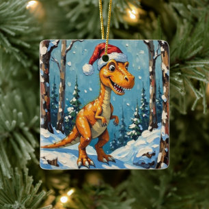 Ornamento De Cerâmica Cena de Natal com Dinossauro Vintage e Chapéu de P