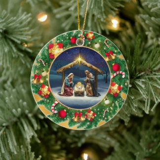Ornamento De Cerâmica Cena de Natal com o Menino Jesus no Presépio