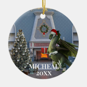 Ornamento De Cerâmica Cena de Natal Dragão Papai Noel Árvore Lareira