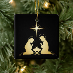 Ornamento De Cerâmica Cena de Natal em Ouro Elegante Cristão Moderno