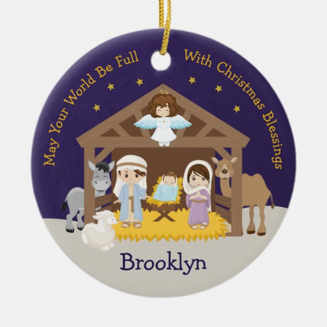 Ornamento De Cerâmica Cena de Natividade de Brunette (Frente)