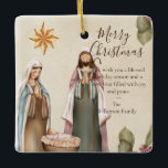 Ornamento De Cerâmica Cena de Natividade Personalizada Citação de Natal<br><div class="desc">Este Enfeites de natal personalizado saudável apresenta uma cena de natividade de estilo aquarela. A bela imagem religiosa mostra Mary e Joseph sobre o bebê Jesus, debaixo da estrela de Natal. Uma mensagem sincera aparece à direita, que você pode personalizar para incluir seu próprio texto personalizado. Um nome de família...</div>
