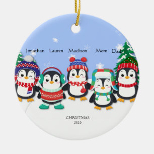 Ornamento De Cerâmica Cena de Neve Cute Cinco Pinguins Personalizada