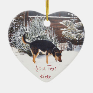 Ornamento De Cerâmica cena de neve de inverno com preto bonito e cão bro