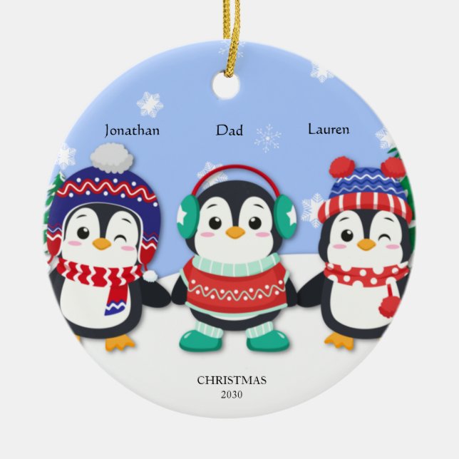 Ornamento De Cerâmica Cena de Neve de Pinguim Cute 3 Personalizada (Frente)