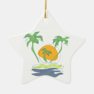 Ornamento De Cerâmica Cena de praia em ilha tropical. Contorno de palmei