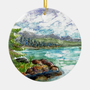 Ornamento De Cerâmica Cena do lago - lápis da aguarela