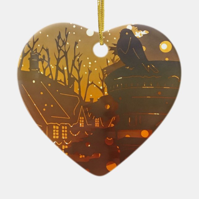 Ornamento De Cerâmica Cena noturna da vila de inverno (Frente)