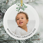 Ornamento De Cerâmica Cerâmica de Foto de Natal Personalizada do Bebê<br><div class="desc">Este moderno Primeiro Ornamento de Natal é decorado com água doce. Facilmente personalizável com sua foto, nome e ano. Use a Ferramenta Design para alterar o tamanho, o estilo ou a cor do texto. Porque nós criamos a nossa trabalho de arte, você não encontrará esta imagem exata de outros designers....</div>