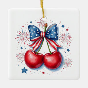 Ornamento De Cerâmica Cerejas com Arco Coquette 4 de julho Americano