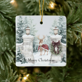 Ornamento De Cerâmica Cervo Casaco Vermelho Neve Natal
