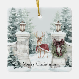 Ornamento De Cerâmica Cervo Casaco Vermelho Neve Natal