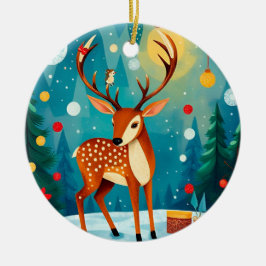 Ornamento De Cerâmica Cervo Festivo em uma Floresta Nevada