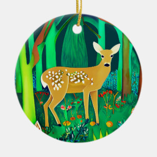 Ornamento De Cerâmica Cervo Manchado em um Cenário de Floresta Fantasia
