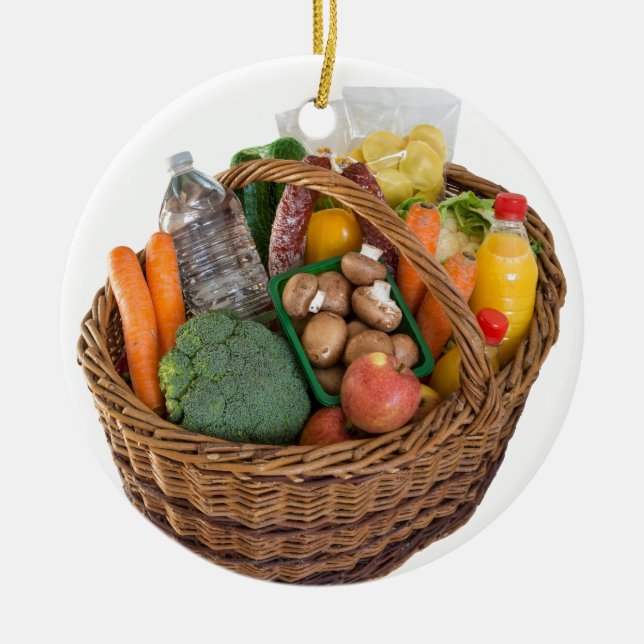 Ornamento De Cerâmica Cesta de compras com alimentos frutas e legumes (Frente)