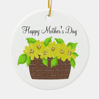 Ornamento De Cerâmica Cesta de Flores Amarelas - Feliz Dia das Mães