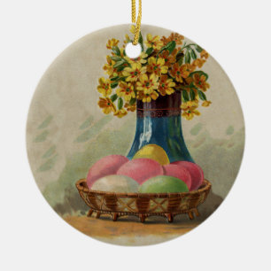 Ornamento De Cerâmica Cesta de Páscoa Ovos Flores Antigo