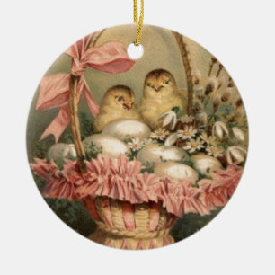 Ornamento De Cerâmica Cesto de Páscoa Ovo Pintinho Laço Rosa