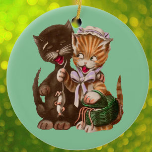 Ornamento De Cerâmica Cesto de Presentes de Gatos Vintage