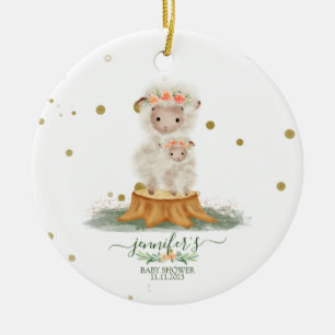 Ornamento De Cerâmica Chá de bebê de Natal com ovelhas da floresta