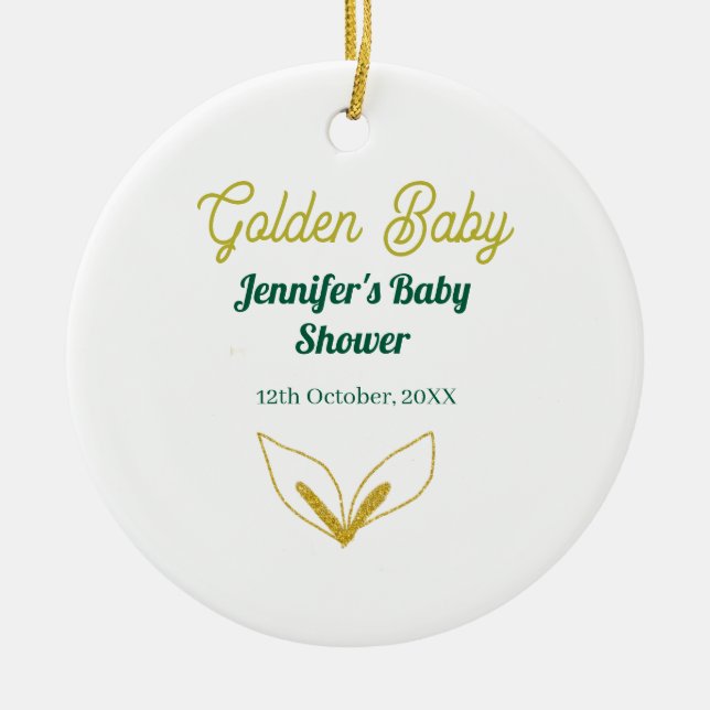 Ornamento De Cerâmica Chá de bebê encantado com folhas de ouro verde-fol (Frente)
