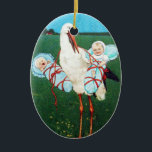 Ornamento De Cerâmica CHÁ DE BEBÊ TWIN, azul teal<br><div class="desc">Elegante,  engraçado,  vibrante design para bebês gêmeos com uma cegonha rico no campo verde,  natureza sob o céu azul,  reelaborado a partir da vintage.</div>