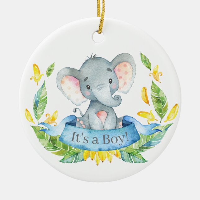 Ornamento De Cerâmica Chá de fraldas Elefante-Menino Azul (Frente)