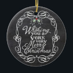 Ornamento De Cerâmica Chalkboard Mistletoes Script Feliz Foto De Natal<br><div class="desc">"Desejando-Te Um Feliz Natal" Tipografia De Saudação Branca Dentro De Um Quadro De Vintagem Tradicional, Quadro De Natal Russo Com Ornamento De Fotos De Misturas. Concebido por gordura*fa*estanho. Fácil de personalizar com seu próprio texto, foto ou imagem. Para pedidos personalizados, entre em contato direto com o . Aplicam-se taxas personalizadas....</div>