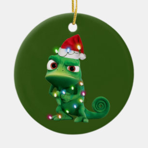 Ornamento De Cerâmica Chameleon com o Natal da Vaca de Chapéu