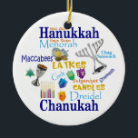 Ornamento De Cerâmica Chanukah Collage<br><div class="desc">O ornamento Chanukah apresenta símbolos e palavras para o feriado. Leituras anteriores: Acenda as luzes.</div>