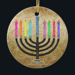 Ornamento De Cerâmica Chanukah Menorah<br><div class="desc">Divirta-se com isso. Pense em temas! Jogue com cores de fundo, adicione ou exclua texto e (por um pouco de taxa extra) personalize o verso com imagens, cores, logotipo / informações comerciais, etc.! Estas também são excelentes para presentes ou para usar como toque final da aula no seu invólucro de...</div>