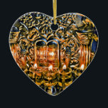 Ornamento De Cerâmica Chanukah Menorah com luzes do óleo<br><div class="desc">Pintura bonita de um menorah de Chanukah do óleo com as tabuletas gravadas metálicas.</div>