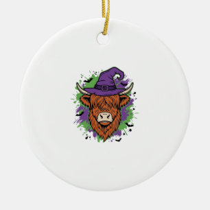 Ornamento De Cerâmica Chapéu de Bruxa Cow Highland Halloween Vetor Vinta