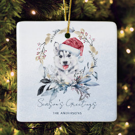 Ornamento De Cerâmica Chapéu de Papai Noel Filhote Siberian Husky Natal 