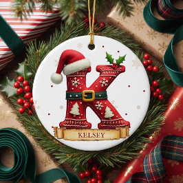 Ornamento De Cerâmica Chapéu de Papai Noel Vermelho Letra de Natal K Nom